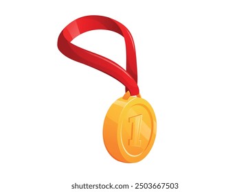Gold champion medal with red ribbon isolated on white. First place award. Vector cartoon illustration.