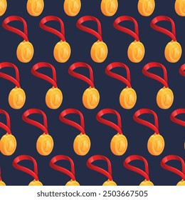 Gold champion medal with red ribbon. First place award. Vector seamless cartoon pattern illustration.