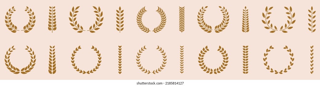 Gold Chaplet Winner Reward Silhouette Icon Set. Golden Laurel Wreath Round Olive Branch Pictogram. Glory Foliate Twig Circle Award Emblem Achievement. Isolated Vector Illustration.