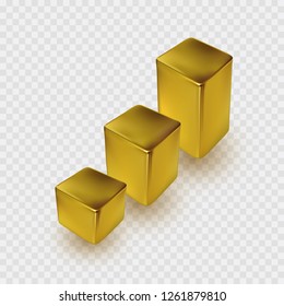 Gold chart isolated on transparent background. Perspective 3d golden cube model with shadow. Vector box, bar, ingot or block graph template