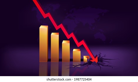 Gold chart with a red arrow pointing into the crack of the world map. The concept of the global economic crisis. Fall of world trade. Financial failure poster. Stock market collapse. Vector 2021