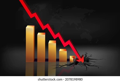 Gold chart with a red down arrow pointing to a rift in the world map. The concept of the global economic crisis. Fall of world trade. Financial failure poster. Stock market crash. Vector 2022 