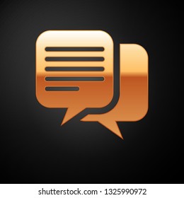 Gold Chat icon isolated on black background. Speech bubbles symbol. Vector Illustration