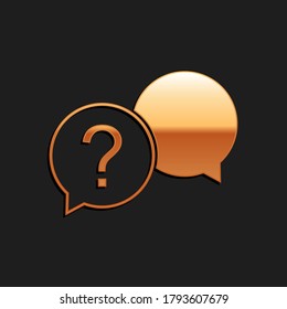 Gold Chat question icon isolated on black background. Help speech bubble symbol. FAQ sign. Question mark sign. Long shadow style. Vector.