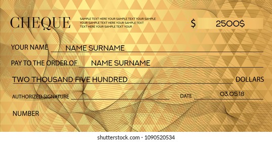 Gold Check (cheque), Chequebook template. Guilloche pattern with abstract watermark. Golden background for banknote, money design, currency, bank note, Voucher, Gift certificate, Coupon, ticket