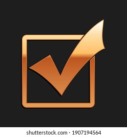 Gold Check mark in a box icon isolated on black background. Tick symbol. Check list button sign. Long shadow style. Vector.