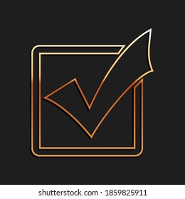 Gold Check mark in a box line icon isolated on black background. Tick symbol. Check list button sign. Long shadow style. Vector.