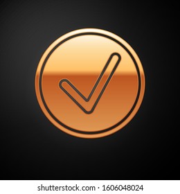 Gold Check mark in circle icon isolated on black background. Choice button sign. Checkmark symbol.  Vector Illustration