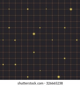 Gold checkered seamless background with highlights in the nodes of intersection. Vector illustration
