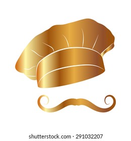 Gold Chef and cook hats set isolated with mustache