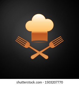 Gold Chef hat and crossed fork icon isolated on black background. Cooking symbol. Restaurant menu. Cooks hat.  Vector Illustration