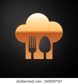 Gold Chef hat with fork and spoon icon isolated on black background. Cooking symbol. Restaurant menu. Cooks hat.  Vector Illustration