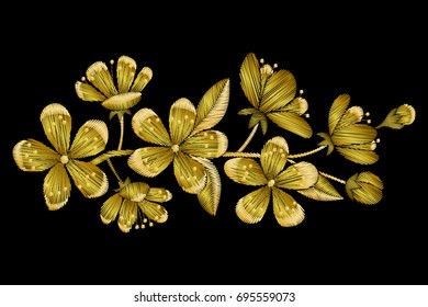 Gold cherry blossom embroidery pattern. Needlework textile decor isolated on black background