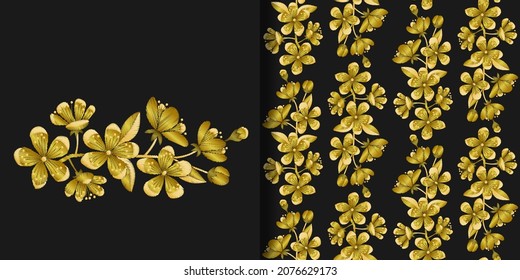 Gold Cherry Blossom Embroidery print ans seamless pattern set