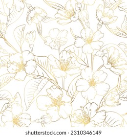 Gold cherry blossom seamless pattern. Natural texture with blossom sakura tree branches. Golden japanese line art flowers on white background.