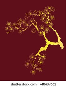 Gold Cherry branches with flowers on red, Coloring book sakura isolate on red background.Golden Sakura flower Japanese style.