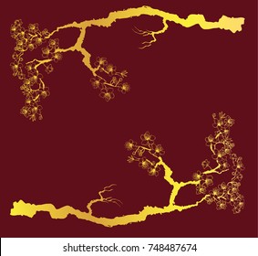 Gold Cherry branches with flowers on red, Coloring book sakura isolate on red background.Golden Sakura flower Japanese style.