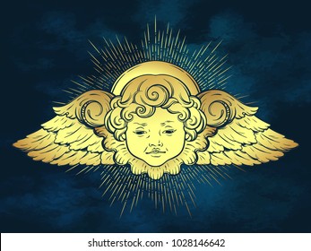 Gold cherub cute winged curly smiling baby boy angel with rays of linght over blue sky background. Hand drawn design or fabric print vector illustration.