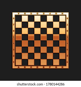 Gold Chess board icon isolated on black background. Ancient Intellectual board game. Long shadow style. Vector