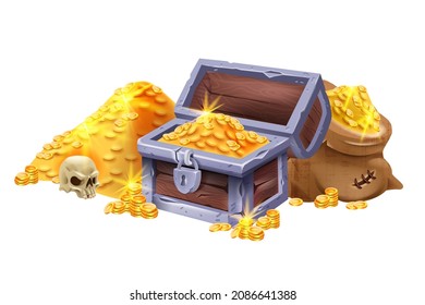 Gold chest wooden treasure box, vector open pirate vintage coin trunk, galleon pile, cloth bag, skull. Secret corsair ancient game UI win object, iron lock, antique crate isolated on white. Gold chest