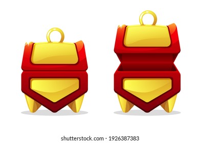 Gold chests open and closed for play. Set of isolated empty boxes.