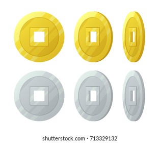 Gold china vector coins set. Silver china vector coins set.