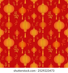 Gold Chinese or Asian lantern and tree seamless pattern on red background. Happy Chinese New Year traditional background. Design for fabric, wallpaper, wrapping, decoration, paper.Vector illustration.