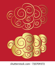 Gold Chinese cloud on red background.Chinese cloud for tattoo vector.Traditional Japanese culture for printing and coloring book on background.