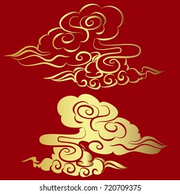 Gold Chinese cloud on red background.Chinese cloud for tattoo vector.Traditional Japanese culture for printing and coloring book on background.