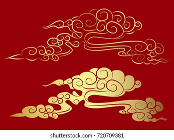 Gold Chinese cloud on red background.Chinese cloud for tattoo vector.Traditional Japanese culture for printing and coloring book on background.