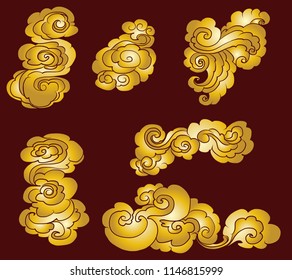 Gold Chinese cloud vector set isolated on white background.