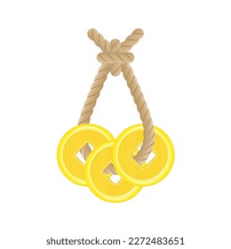 Gold chinese coins on rope. Talisman for wealth and prosperity.