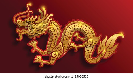 Gold chinese dragon for Happy chinese new year 2020 year of the rat zodiac sign,flower and asian elements with gold paper cut art craft style on red color Background for greetings card. 