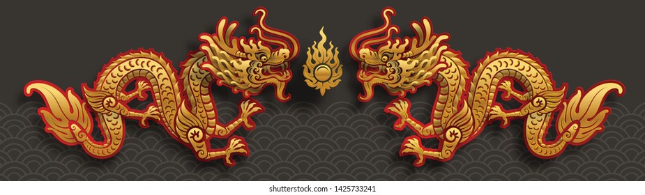 Gold chinese dragon for Happy chinese new year 2020 year of the rat zodiac sign,flower and asian elements with gold paper cut art craft style on red color Background for greetings card.