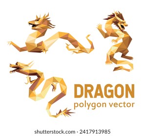 Ilustración del dragón chino de oro ambientada en polos bajos poligonales. Dragón chino enojado en abstracto. Logo del Dragon Chino Oro