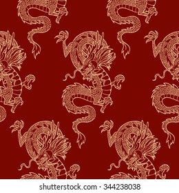Gold  Chinese Dragon on a red background. Vector seamless pattern