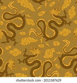 Chinesische goldene Drachen auf goldenem Hintergrund, nahtlos Muster-Hintergrund. Vintage Farbe Gravur stilisierte Zeichnung. Vektorgrafik
