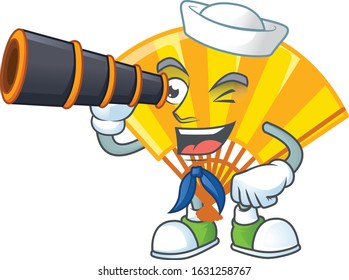 Gold chinese folding fan cartoon happy Sailor style with binocular