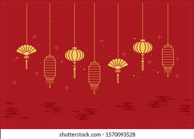 Gold chinese lanterns on red background with flowers