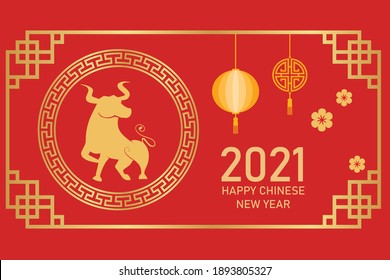 Gold Chinese new year 2021 year of the ox, cow character on paper cut floral element on red background. Happy Chinese New Year 2021 Year of the Ox