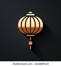Gold Chinese paper lantern icon isolated on black background. Long shadow style. Vector Illustration