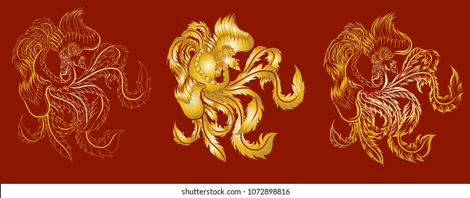 Gold Chinese peacock tattoo on red background.Phoenix Fire bird illustration and character design.Hand drawn Phoenix tattoo Japanese and Chinese style.