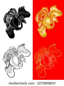 Gold Chinese peacock tattoo on red background.Phoenix Fire bird illustration and character design.Hand drawn Phoenix tattoo Japanese and Chinese style.