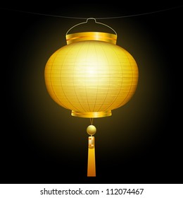 Gold Chinese Traditional Paper Lantern. On Black Background.