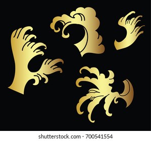 Gold Chinese wave,Japanese wave,Chinese tattoo,Japanese tattoo,wave tattoo on black background.Traditional Japanese culture for printing on background.