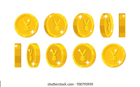 Gold Chinese yuan or Japanese yen views cartoon style isolated. The gold yuan or yen is at different angles around its axis for designers and illustrators. Rotation of a gold coin vector illustration