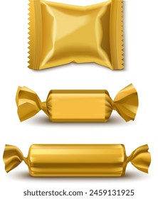 Gold chocolate candy package mockup. Pouch pack for wafer confectionery or biscuit. 3d golden foil disposable bag. Sweet snack packet isolated realistic template. Twist paper wrap blank design set