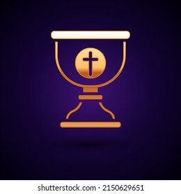 Gold Christian chalice icon isolated on black background. Christianity icon. Happy Easter.  Vector Illustration