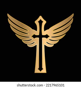 Gold christian cross with angel wings isolated on black background.