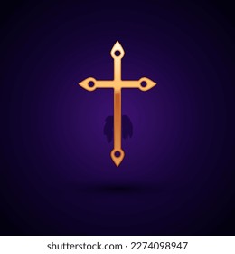 Gold Christian cross icon isolated on black background. Church cross.  Vector Illustration